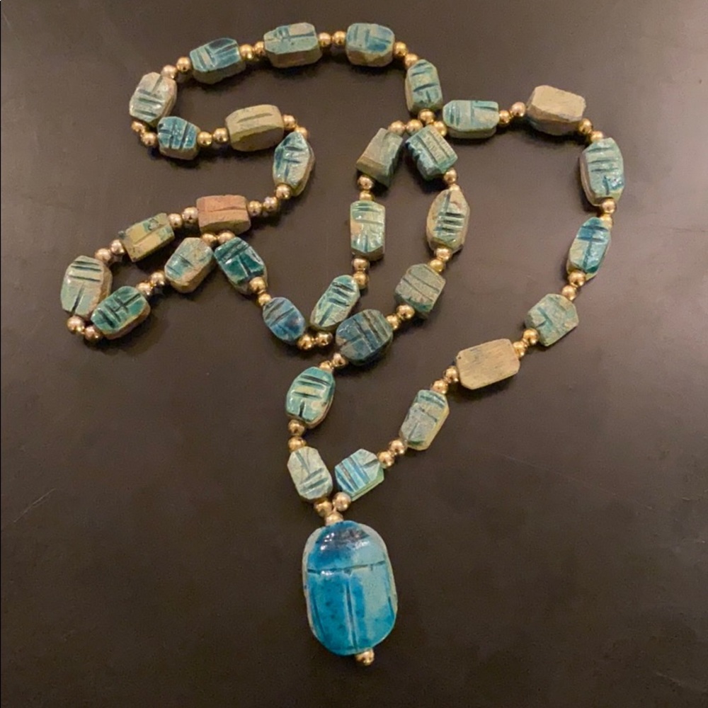 Turquoise Glazed Ceramic Clay Scarab Necklace